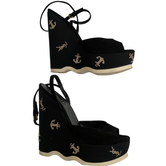 Saint Laurent Suede Cassandra Logo Ankle Strap Wedge - 8 US, Black fits 7.5 US - Picture 5 of 16
